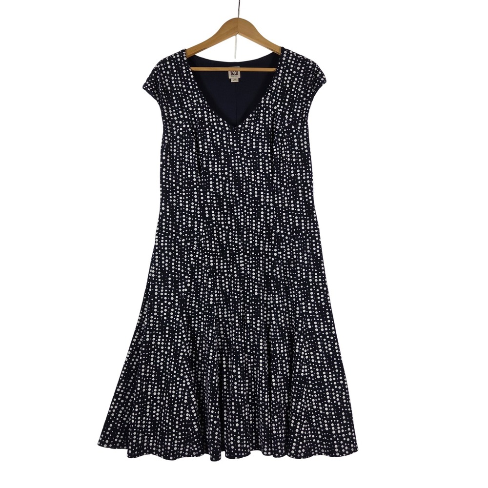 Anne Klein Navy Blue White Polka Dot V-Neck Fit Flare Dress Size 12